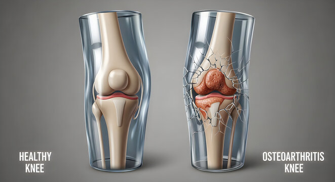 Comparison of a healthy human knee and a knee with osteoarthritis joint