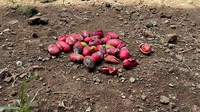 Low angle view of a static piled cluster of bright red melinjo seeds on outdoor garden soil.