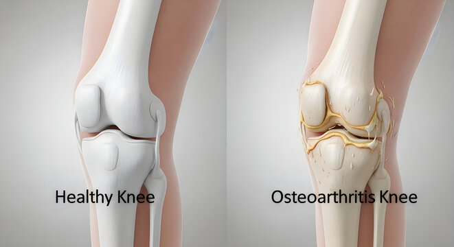 Healthy knee joint compared to a knee with osteoarthritis illustration