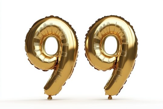Golden foil balloons in the shape of the number 99 isolated on white background