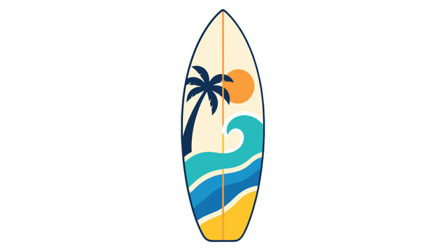 Colorful surfboard with wave, palm tree, and sun design