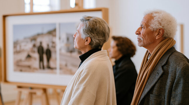 Before and after display boards inside a gentrification impact exhibition showing a historically Black neighborhood's main street, community members examining photographs