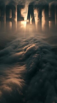 Clouds flow through a mountain valley at sunrise as enormous floating typography reading &ldquo;BREATHE&rdquo; forms from soft mist and golden light in a serene cinematic scene.