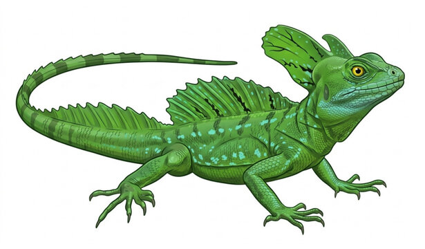Green Plumed Basilisk Lizard Basiliscus plumifrons Realistic Vector Illustration Isolated on White
