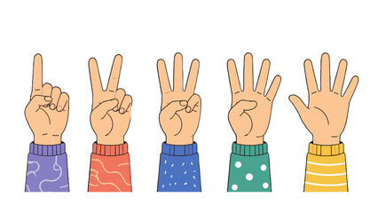 Fototapeta premium Cartoon hand counting gestures from one to five vector set