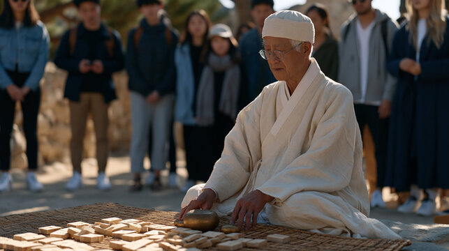 Korean village elder using brass instruments to demonstrate traditional yut nori board game rules to a group of diaspora youth visiting for a heritage immersion program, wooden