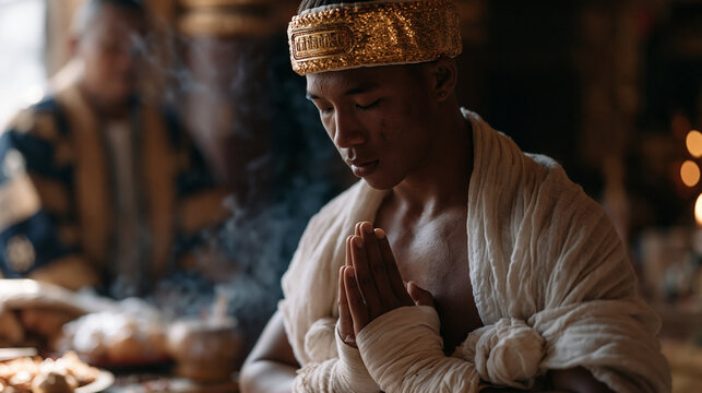 Muay Thai student in traditional mongkol headband performing wai kru ram muay ritual at gym altar before bout, incense smoke rising, trainer watching solemnly, sacred offerings