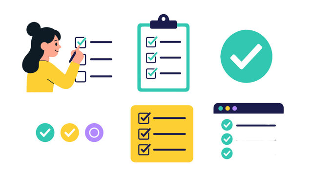 Checklist and survey icons with woman marking completed items