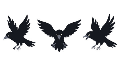 Obraz premium Cartoon black crow flying animation poses set