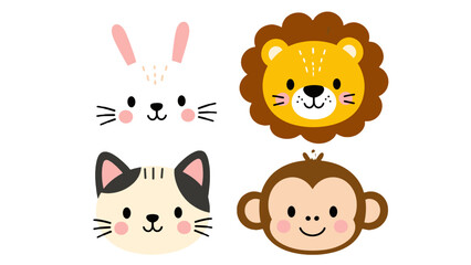 Cute hand drawn animal faces with rabbit lion cat and monkey © Alan