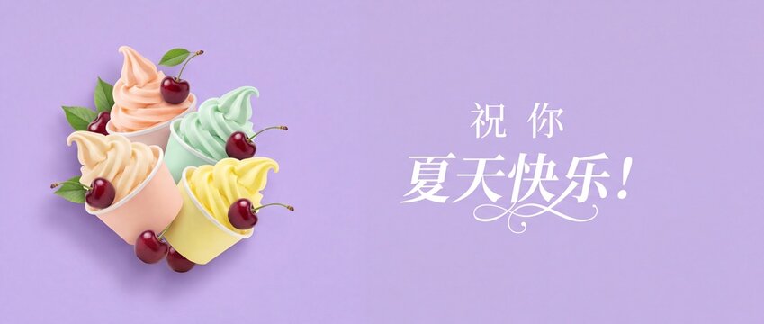 Ice cream cup summer dessert with Chinese text wishing summer joy on purple background banner, featuring colorful soft-serve frozen yogurt cups with fresh cherry toppings, sweet seasonal holiday card.