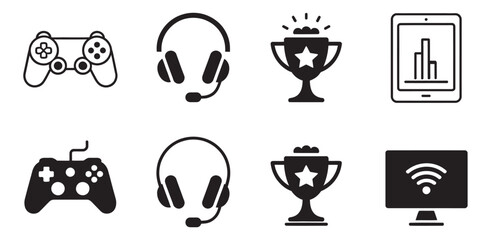 Gaming esports icon set, gamepad headset trophy ranking interface controller entertainment vector illustration collection © vision Alamin vai A