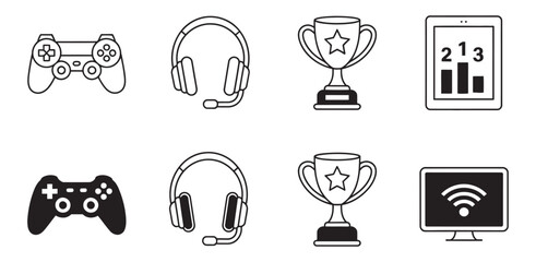 Gaming esports icon set, gamepad headset trophy ranking interface controller entertainment vector illustration collection © vision Alamin vai A