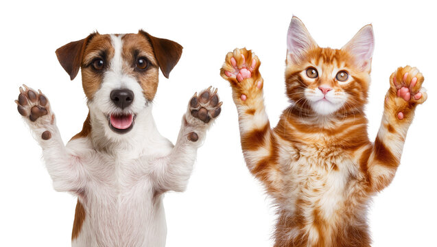 Playful Jack Russell terrier and ginger cat with paws raised, isolated on transparent background