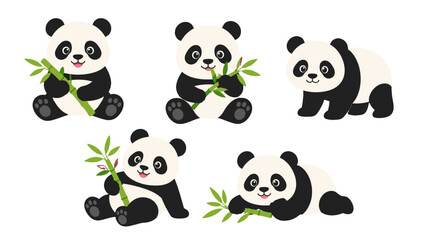 Cute panda bear set with bamboo in cartoon vector style © Alan