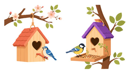Bird houses with heart shaped openings on flowering branches © Alan