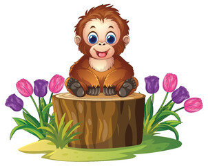Obraz premium Cute Cartoon Orangutan Sitting on a Tree Stump with Flowers