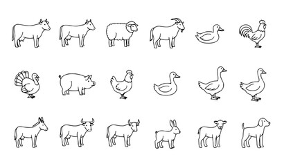Farm Animal Line Icons Set with Livestock and Poultry Outline Symbols Vector Illustration © Rune Veil