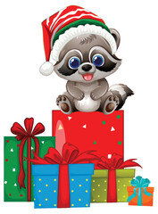 Obraz premium Cute Cartoon Raccoon Wearing Santa Hat Sitting on Christmas Gifts