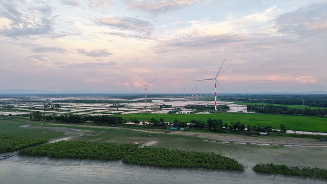 Aerial View of Cox's Bazar Wind Power Plant at Sunset, Renewable Energy Infrastructure in Bangladesh