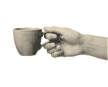 Hand pouring coffee from vintage retro halftone ceramic cup with circle dots pattern illustration isolated on transparent background