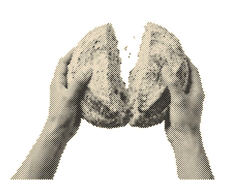 Hands holding a vintage retro halftone bread loaf illustration with circle dots pattern isolated on transparent background