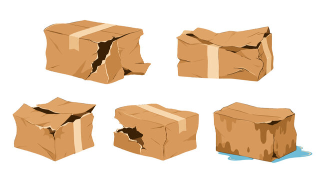Set of damaged cardboard shipping boxes isolated on white