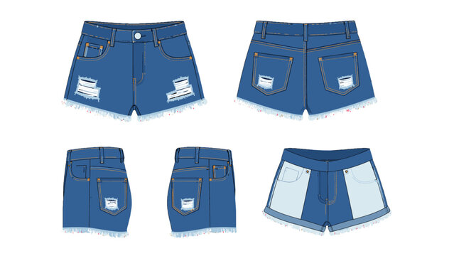 Blue distressed denim shorts vector set with front and back views
