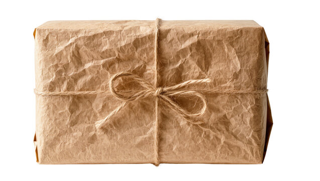 Rectangular parcel wrapped in crumpled brown paper tied with twine, isolated on transparent background