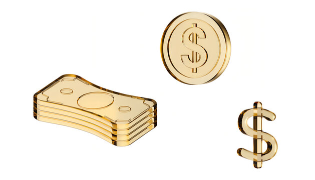 3d golden money set with banknote stack coin and dollar sign isolated on white background