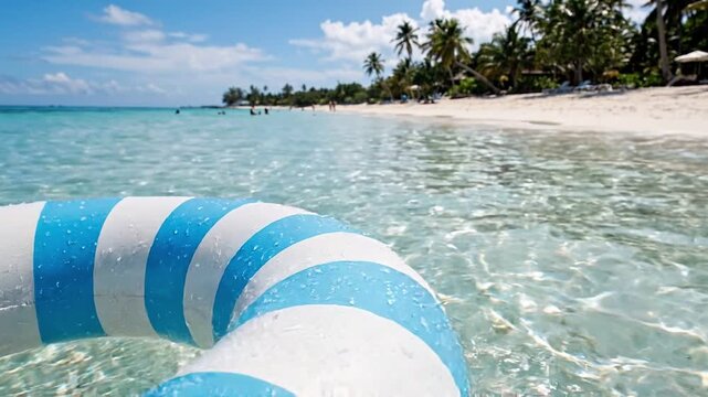 Tracking shot of inflatable swim ring floating and drifting in clear shallow tropical beach water with palm trees and sunny daytime relaxed mood and leisure concept