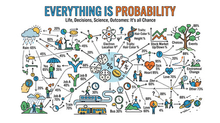 Naklejka premium A vibrant infographic illustrating probability concepts with various icons and symbols on a white background.