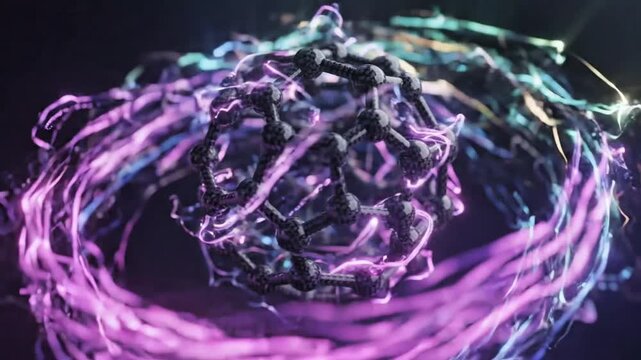 Artistic yet scientifically accurate fullerene molecular structure illuminated by flowing colorful energy waves. Dynamic light trails wrap around the carbon lattice while maintaining realistic