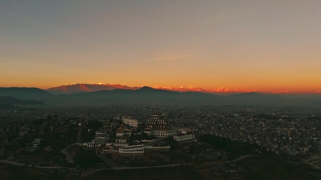 Buddhist Monastery on Hill Kathmandu Valley Himalayan Peaks Aerial Sunset Nepal , Gumba and Himalayan Range in one Frame