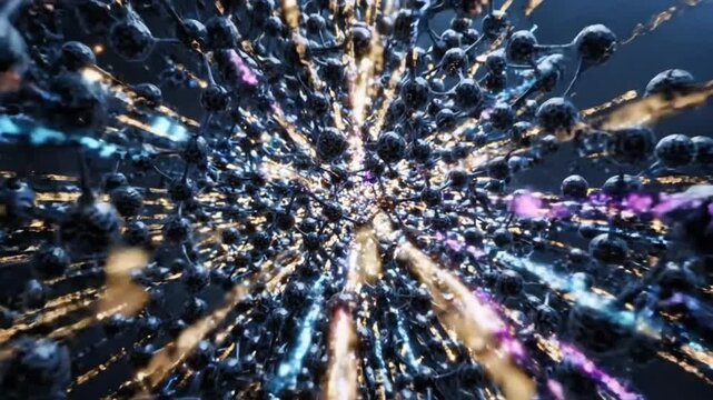Advanced artificial intelligence visualization featuring interconnected fullerene molecules forming a neural nanotechnology network. Data particles travel between structures, creating a futuristic 