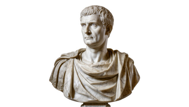 Marble bust of Roman emperor Augustus with draped toga, isolated on transparent background