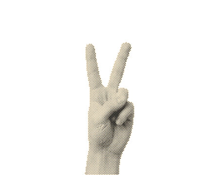 Vintage retro halftone hand gesture peace sign with circle dots pattern isolated on transparent background