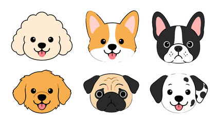 Naklejka premium Cute cartoon dog face set with six different puppy breeds