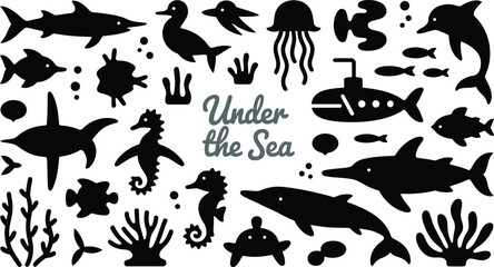 Obraz premium Under the sea themed collection of marine animal silhouettes for educational graphic projects