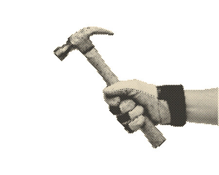 Hand holding vintage retro halftone hammer with circle dots pattern isolated on transparent background