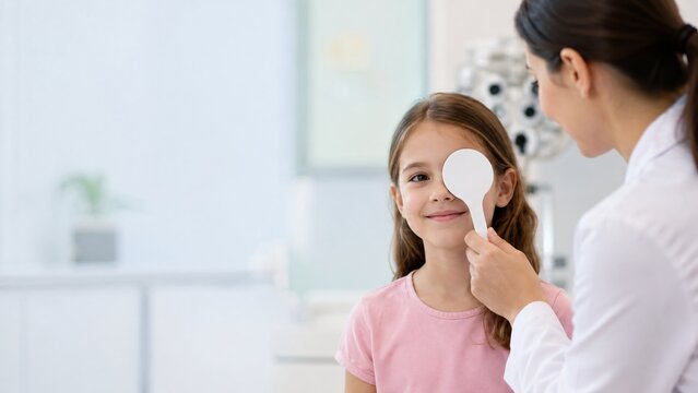 Woman ophthalmologist examining vision of happy child girl with eye occluder. Pediatric eye checkup in clinic. Professional medical consultation and diagnostic for eyesight health improvement.