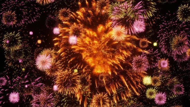 spectacular pyrotechnic display igniting the dark night sky. A massive fiery explosion er