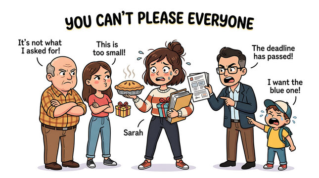 A frustrated woman holds a cake while surrounded by discontent people in a comedic scene.