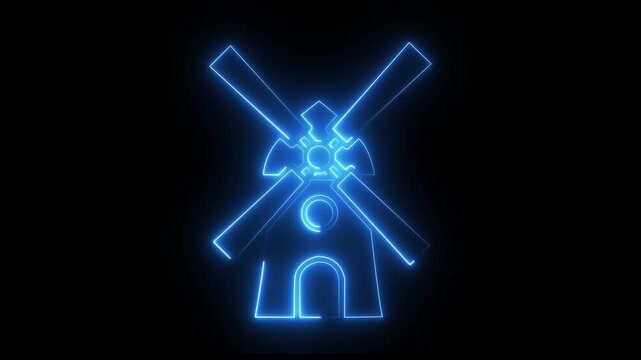 Glowing neon windmill animation with rotating blades on black background. 4k video animation