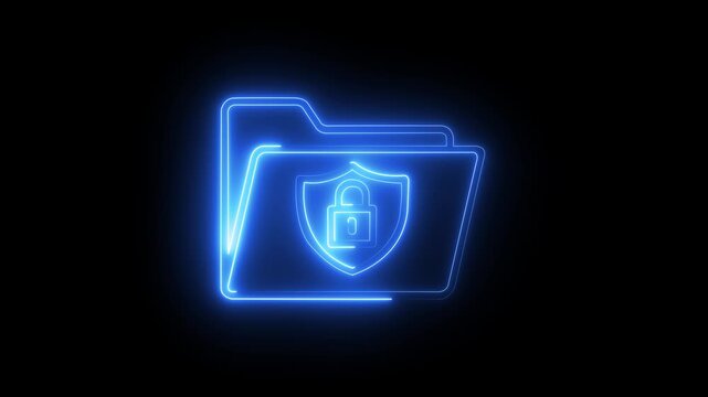 Glowing neon folder with security shield and padlock for cybersecurity and data protection concepts, 4k video animation ,