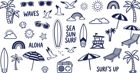 Collection of beach icons and symbols in blue on white background © firoz