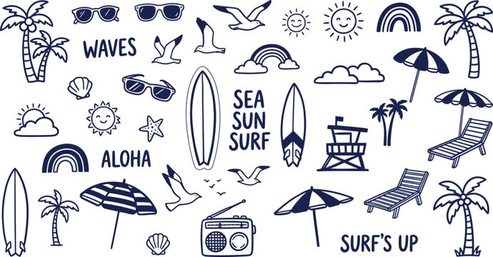 Collection of beach icons and symbols in blue on white background