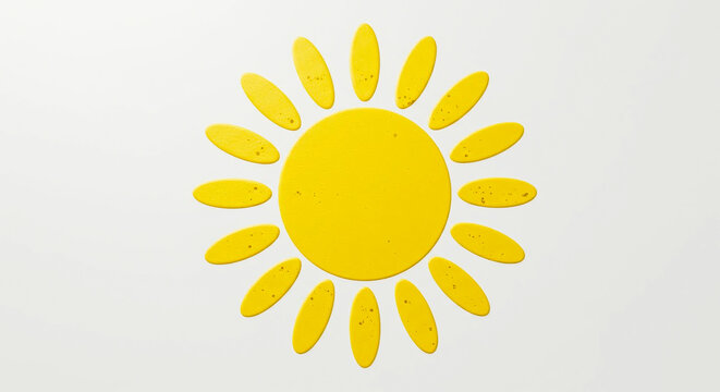 Cheerful yellow sun icon with textured rays on a bright white background, ideal for sunny themes.