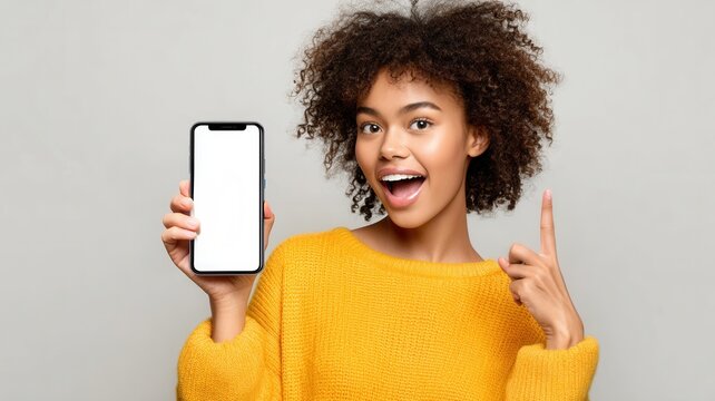 Excited woman showing blank smartphone screen presenting new mobile app service finger or product pointing