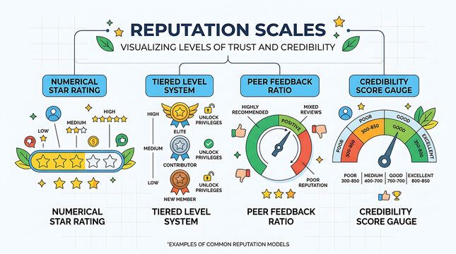 The infographic illustrates various reputation scales for visualizing trust and credibility levels through numerical ratings, tiered systems, peer feedback, and score gauges.